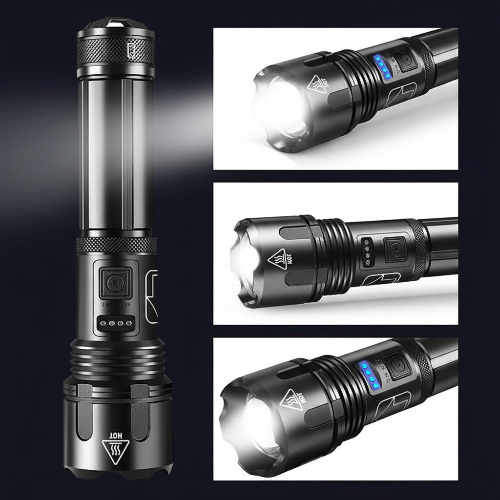 Torcia ricaricabile tattica in alluminio con LED e zoom