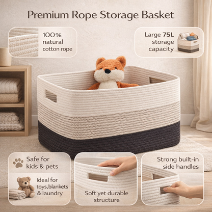 Laundry Basket Large Rope Rectangular Storage Handles