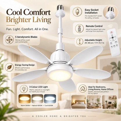 Ventilatore con attacco per lampadina, telecomando, risparmio energetico