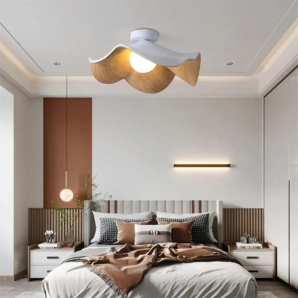 Scandinavian Wooden Lotus Ceiling Light | Resin & Iron Modern Flush Lamp