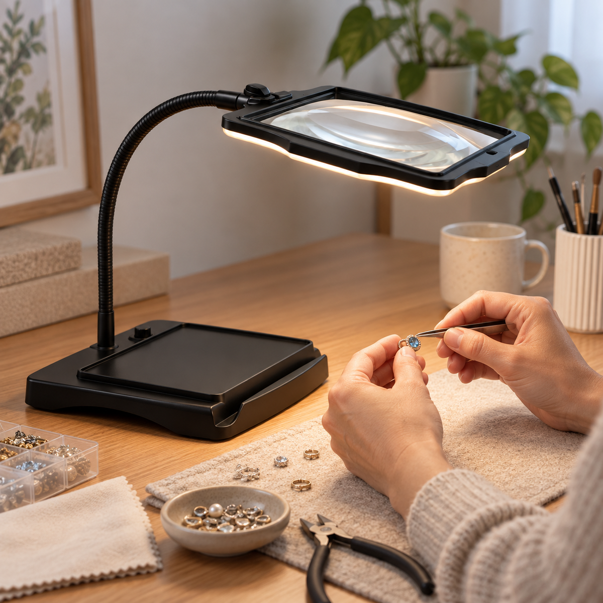 Forstørrelsesbordlampe med håndfri design og justerbar arm