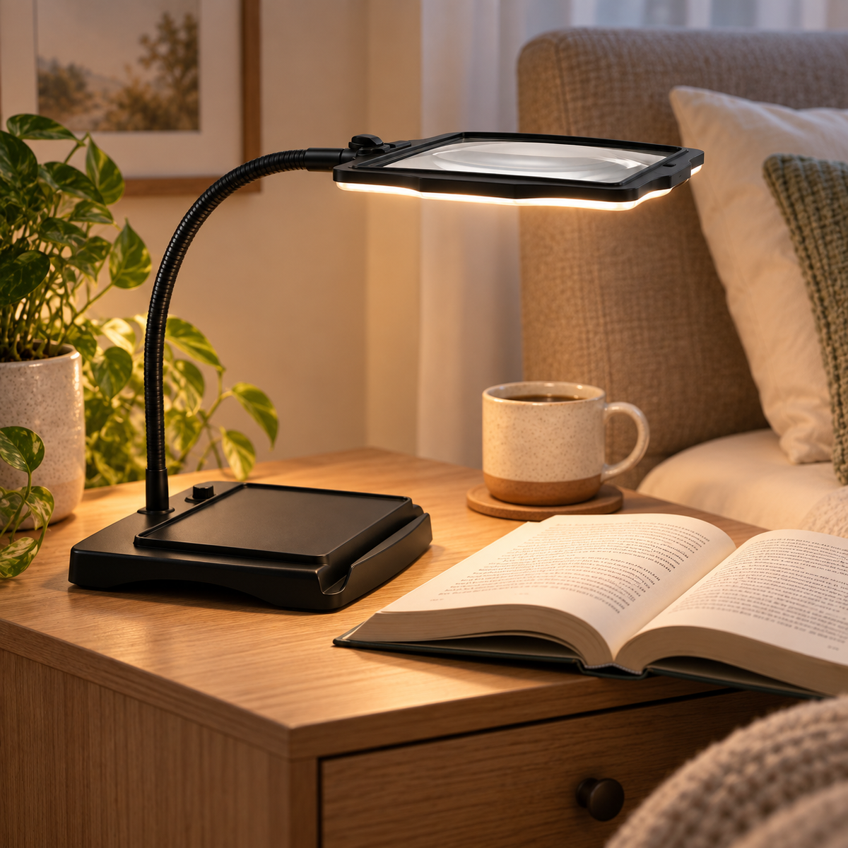 Forstørrelsesbordlampe med håndfri design og justerbar arm