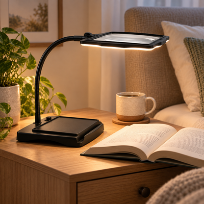 Forstørrelsesbordlampe med håndfri design og justerbar arm
