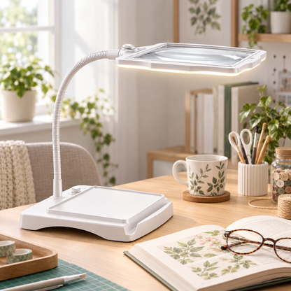 Forstørrelsesbordlampe med håndfri design og justerbar arm