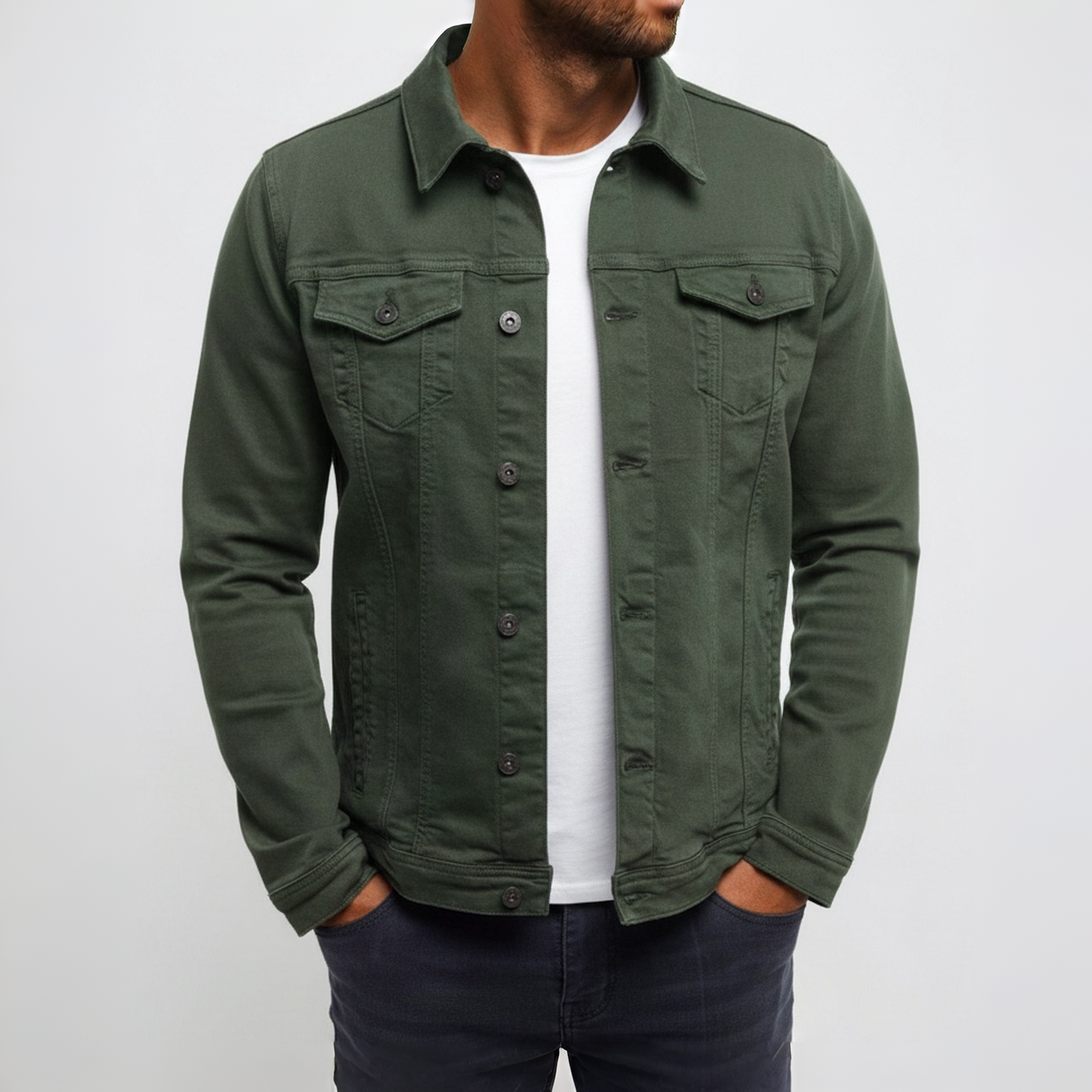 Herrejakke afslappet med knapper foran letvægts yderbeklædning
