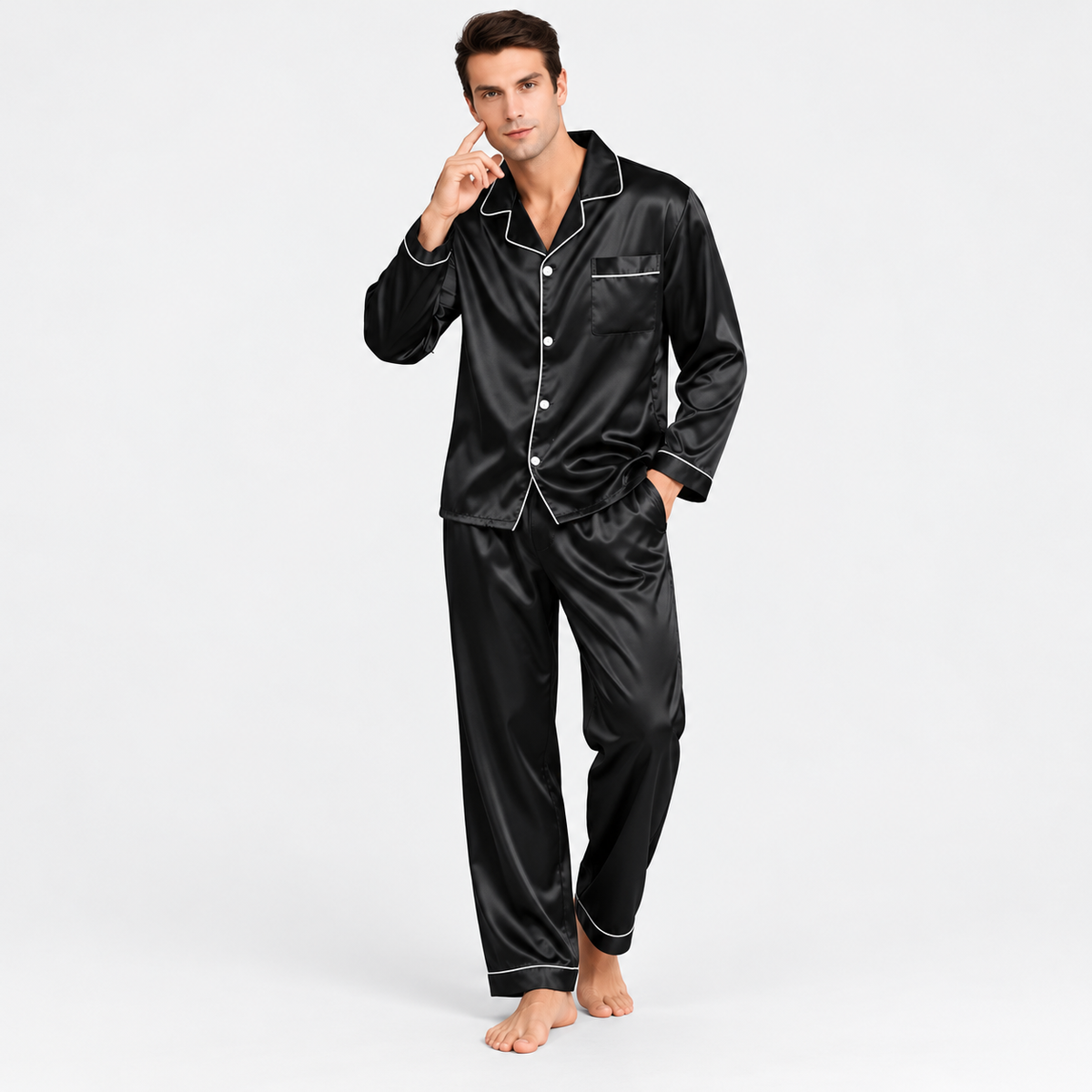 Men's Pajamas Long Sleeve Pajama Set | Elastic Waistband Pants