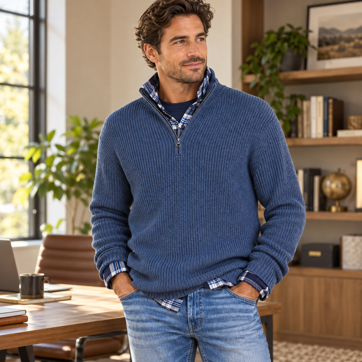 Camisola com fecho versátil para homem, estilo casual executivo | roupa de escritório