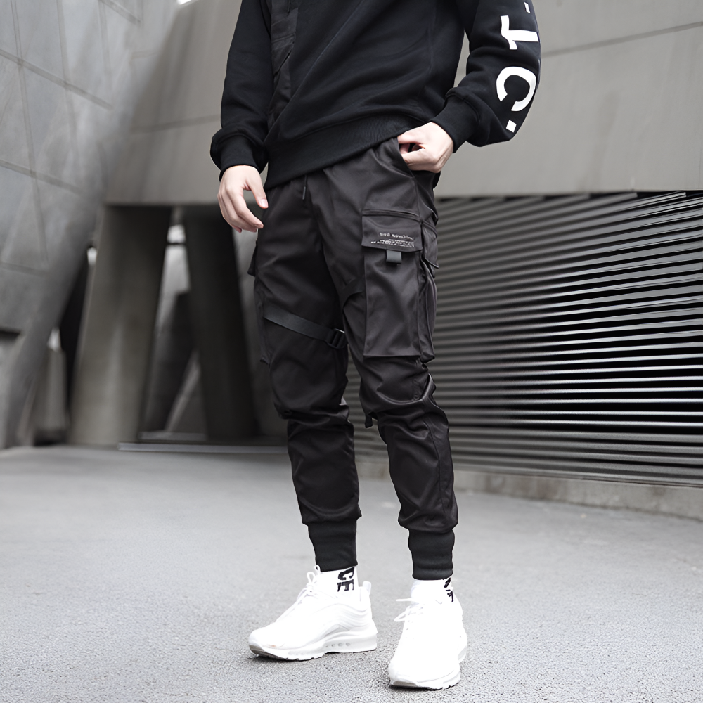 Herren Cargohose Schwarz Verstellbare Riemen Robuste Stadt-Hose