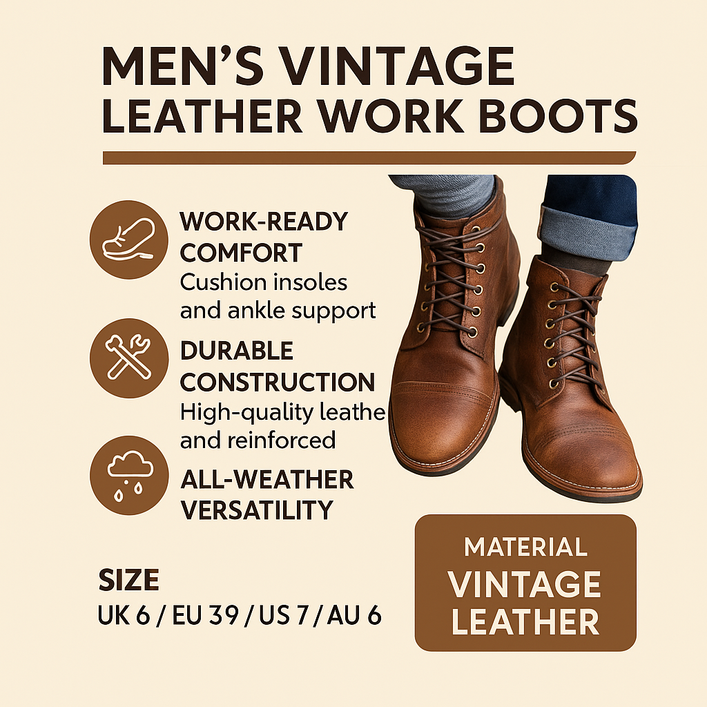 Men's Work Boots Leather Ankle Lace-Up Vintage Style Comfortable 1