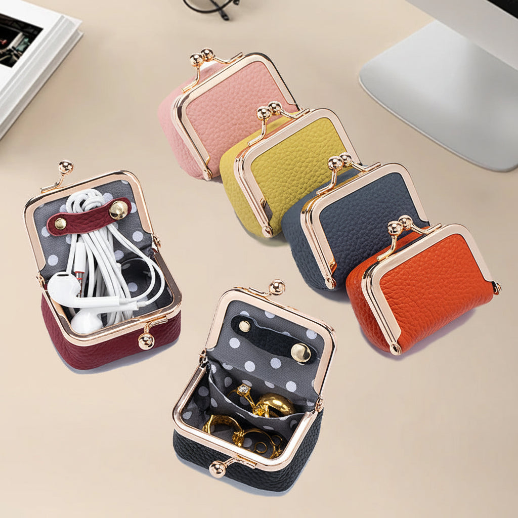 Mini joyero organizador de cuero genuino con cierre dorado para viaje