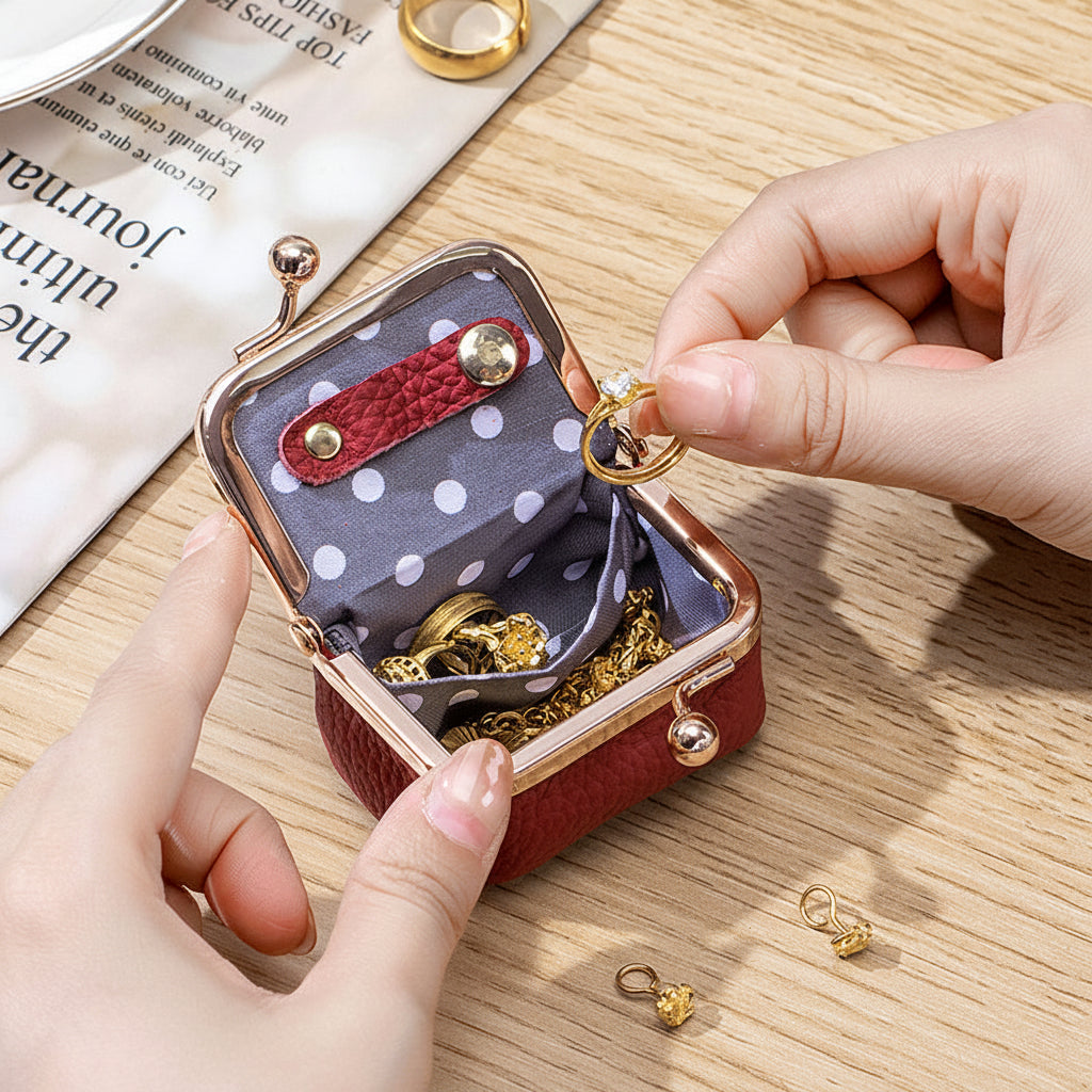 Mini joyero organizador de cuero genuino con cierre dorado para viaje