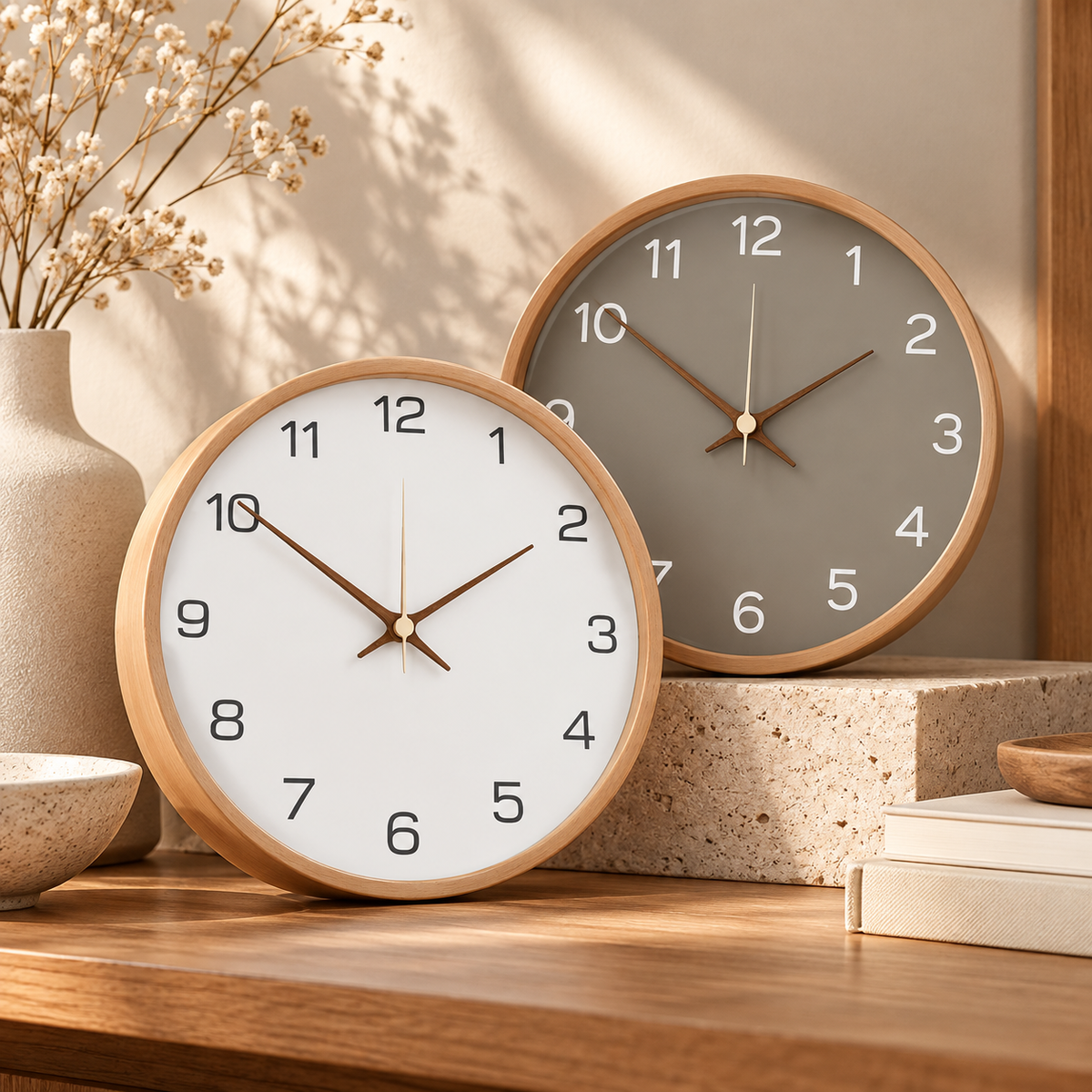 Ceas de perete decorativ modern, cu design scandinav și finisaj din lemn