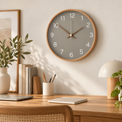 Ceas de perete decorativ modern, cu design scandinav și finisaj din lemn