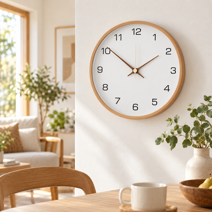 Ceas de perete decorativ modern, cu design scandinav și finisaj din lemn
