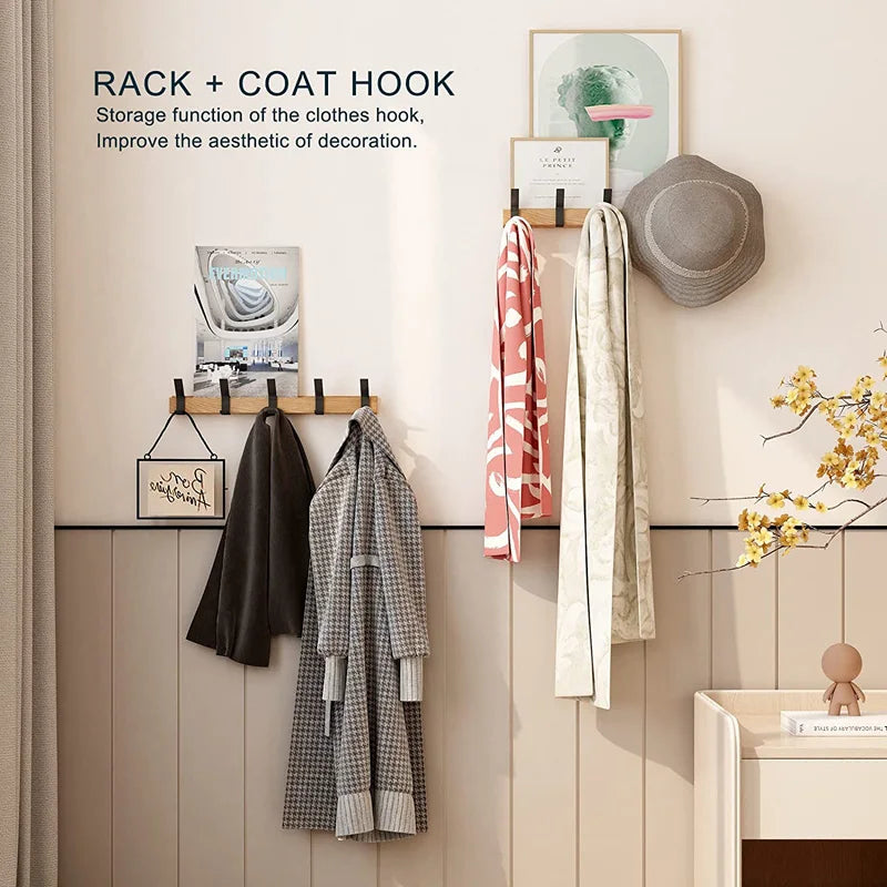 Nordic Wall-Mounted Coat Rack | Adjustable Dual Hooks in Black & Wood Finish