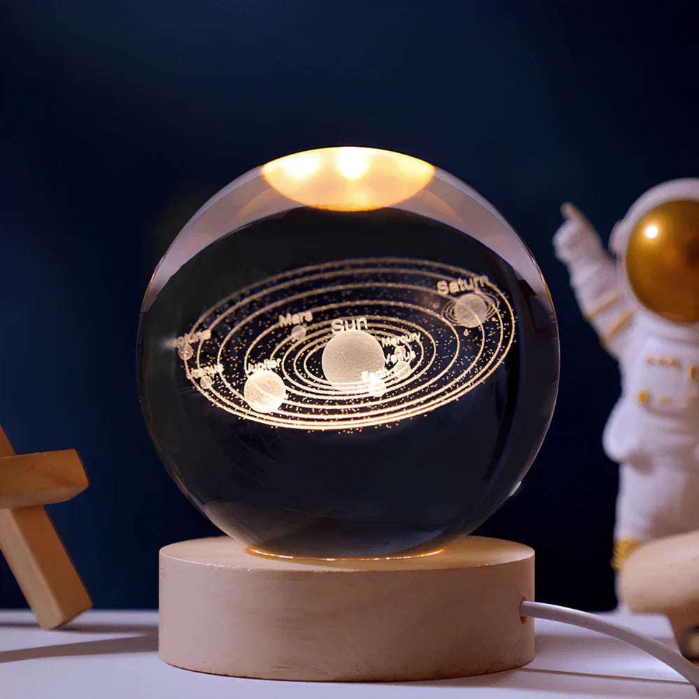 Lámpara de mesa LED con bola de cristal nocturna y grabado 3D de planeta