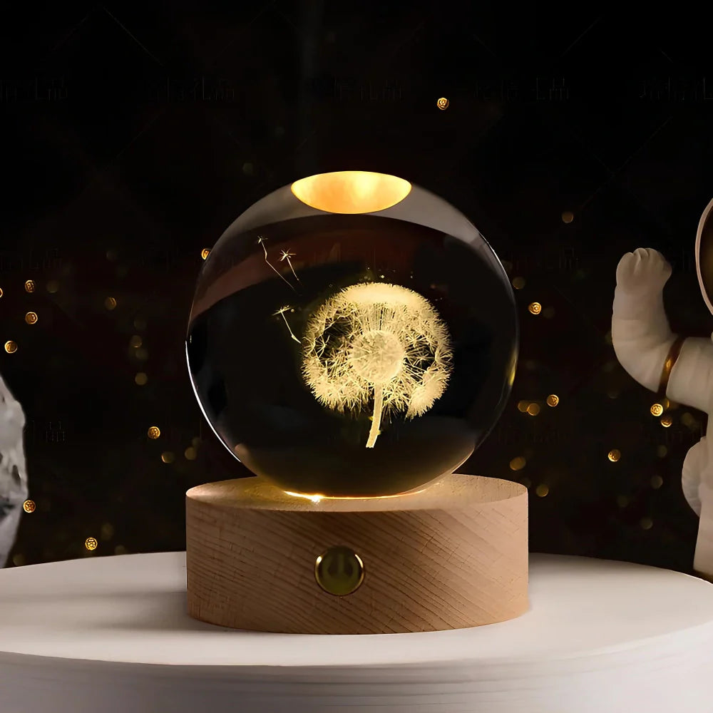 Lámpara de mesa LED con bola de cristal nocturna y grabado 3D de planeta