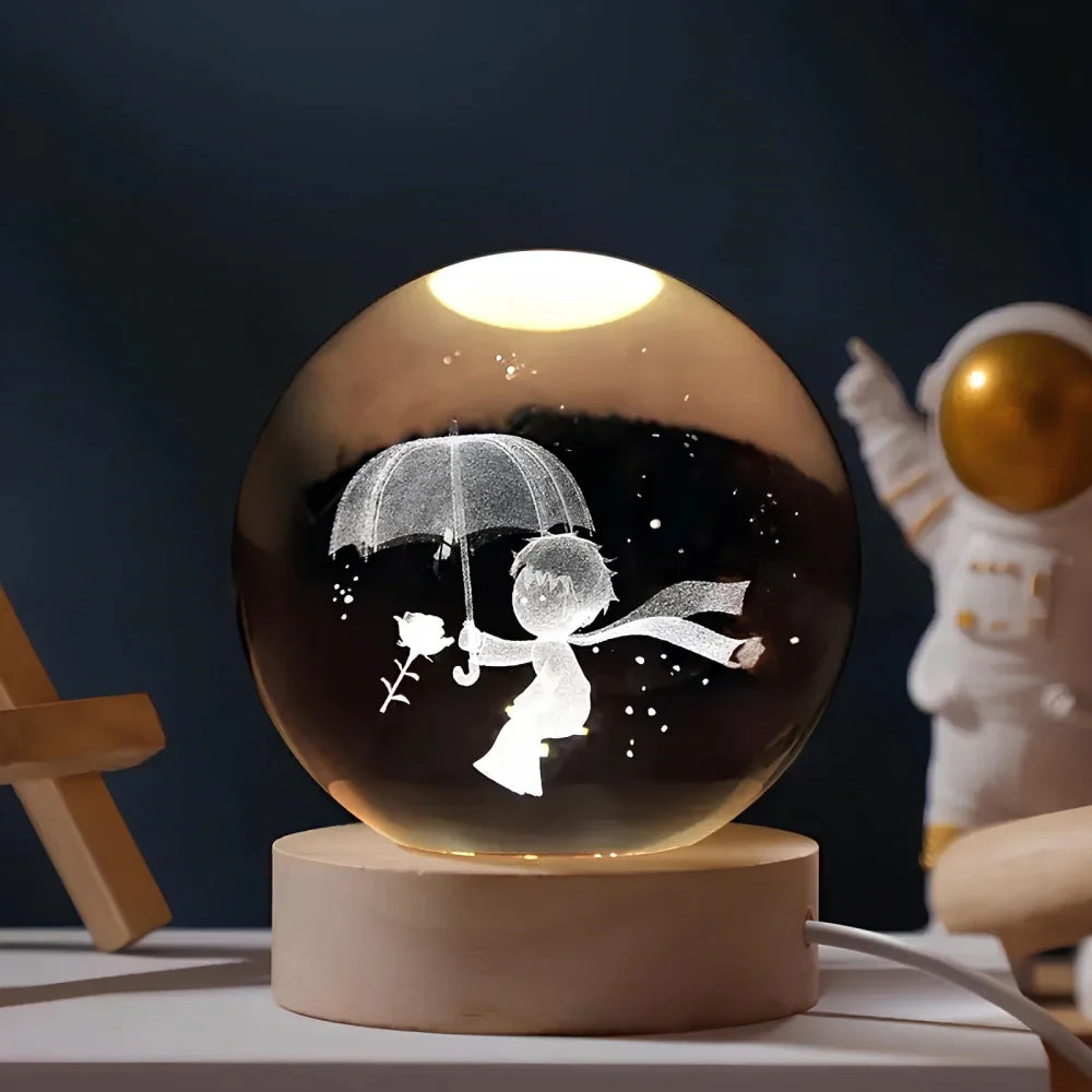 Lámpara de mesa LED con bola de cristal nocturna y grabado 3D de planeta