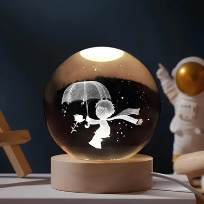 Lámpara de mesa LED con bola de cristal nocturna y grabado 3D de planeta