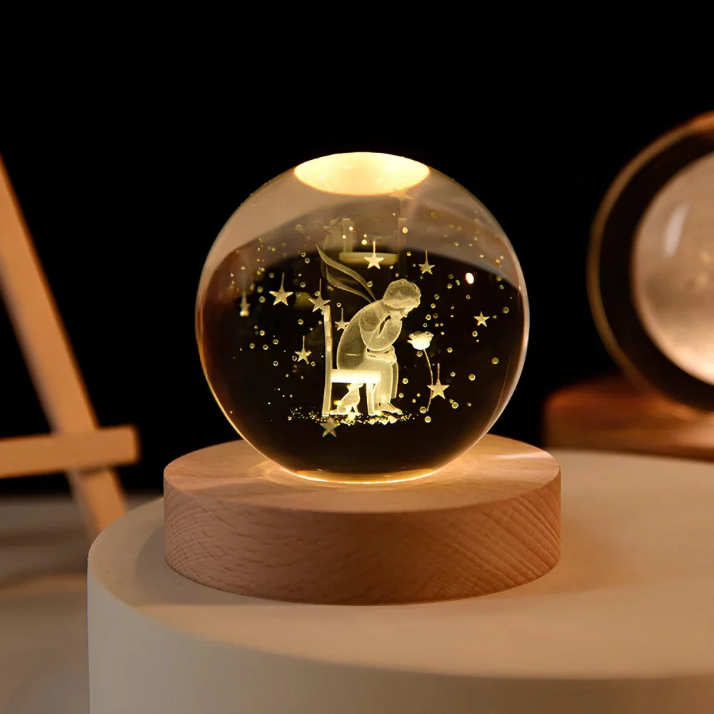 Lámpara de mesa LED con bola de cristal nocturna y grabado 3D de planeta