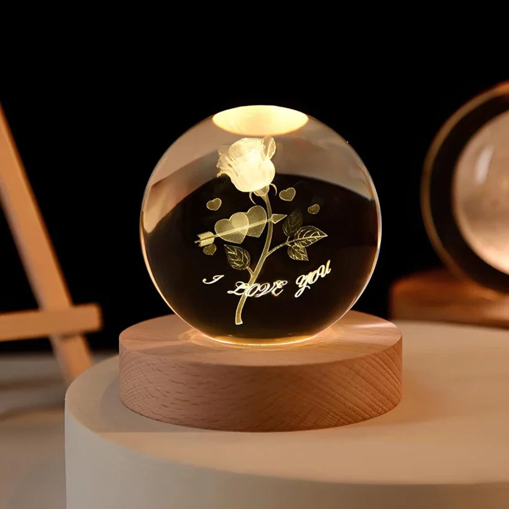 Lámpara de mesa LED con bola de cristal nocturna y grabado 3D de planeta