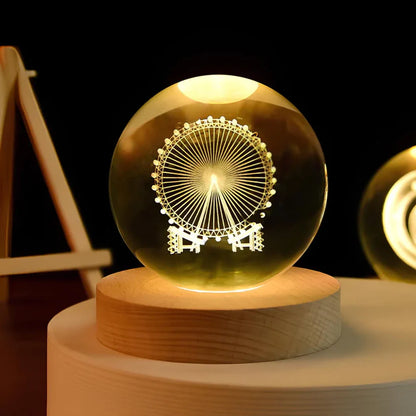 Lámpara de mesa LED con bola de cristal nocturna y grabado 3D de planeta