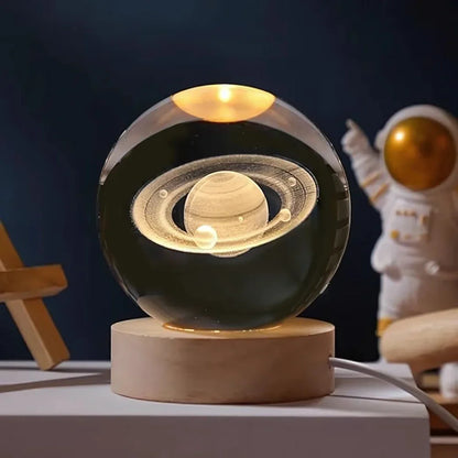Lámpara de mesa LED con bola de cristal nocturna y grabado 3D de planeta