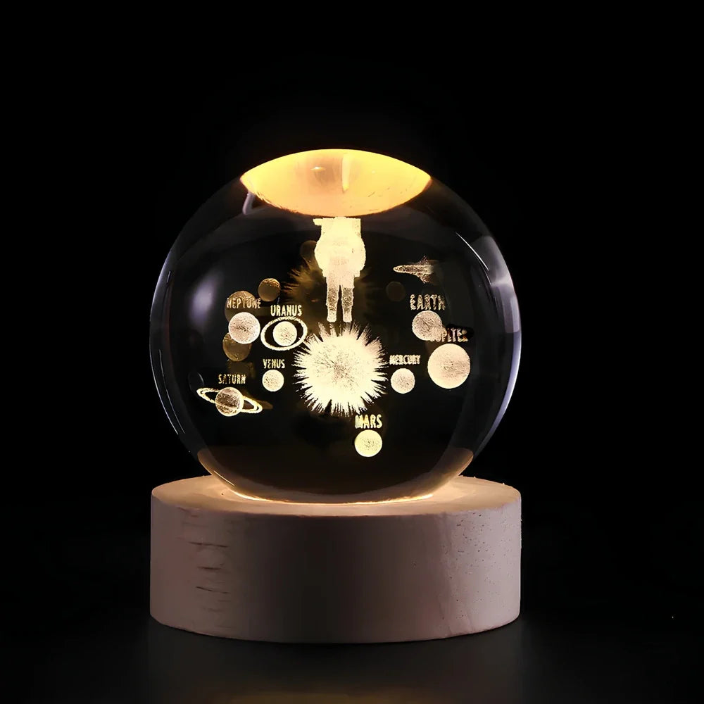 Lámpara de mesa LED con bola de cristal nocturna y grabado 3D de planeta
