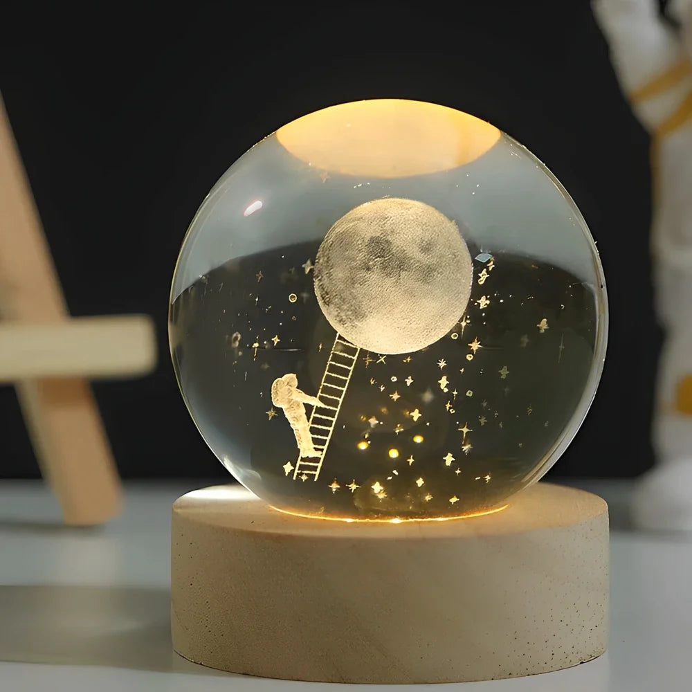 Lámpara de mesa LED con bola de cristal nocturna y grabado 3D de planeta