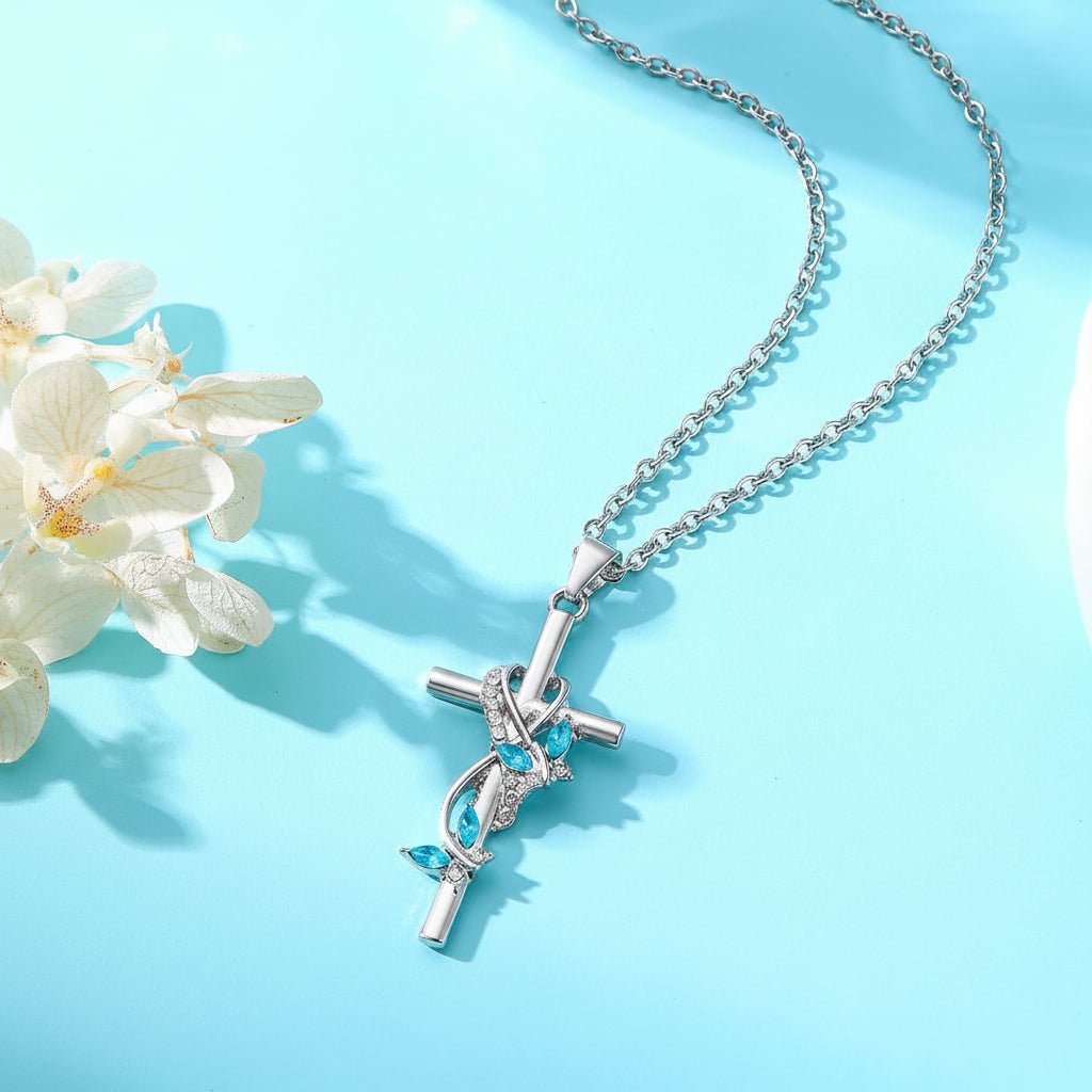 Colar com Pendente de Cruz Dia da Mãe Prata Laço Azul Joalharia com Pedra