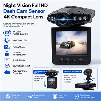 Sensore per videocamera da cruscotto Full HD con visione notturna, obiettivo compatto 4K