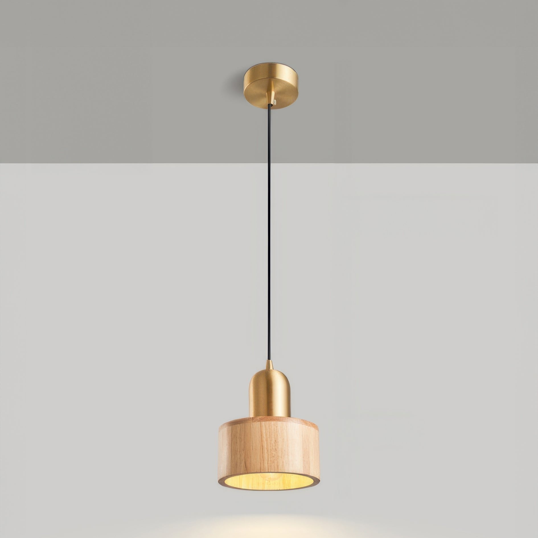 Cylinder Pendant Light | Japanese-Style Walnut & Brass Hanging Lamp