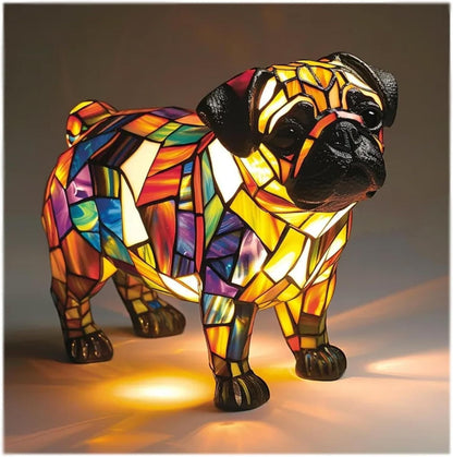 Table Lamp Stained Glass Dog LED Night Light Resin Decor