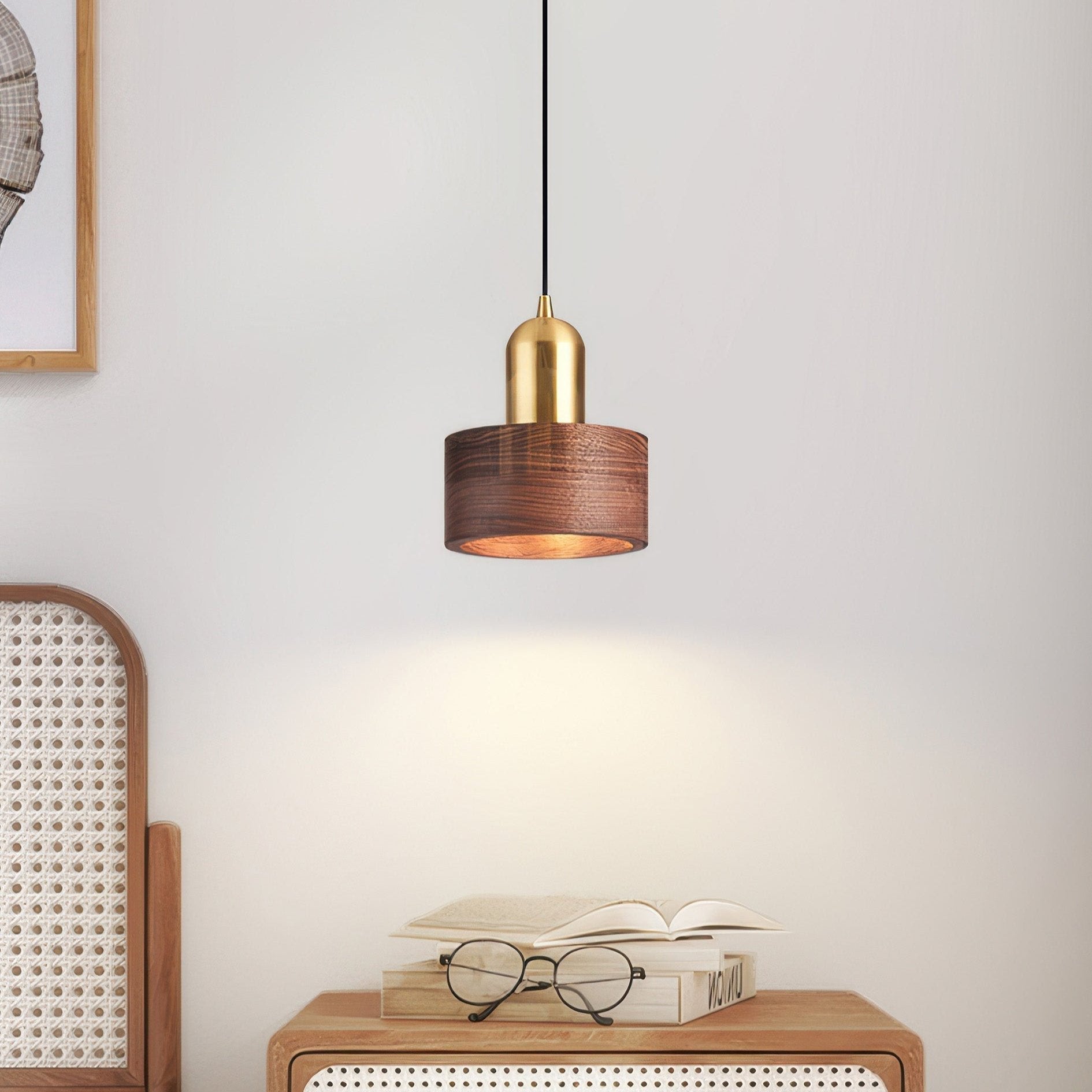 Cylinder Pendant Light | Japanese-Style Walnut & Brass Hanging Lamp