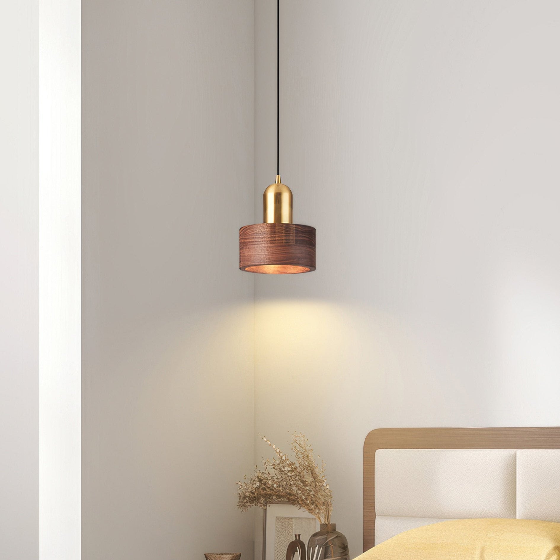 Cylinder Pendant Light | Japanese-Style Walnut & Brass Hanging Lamp