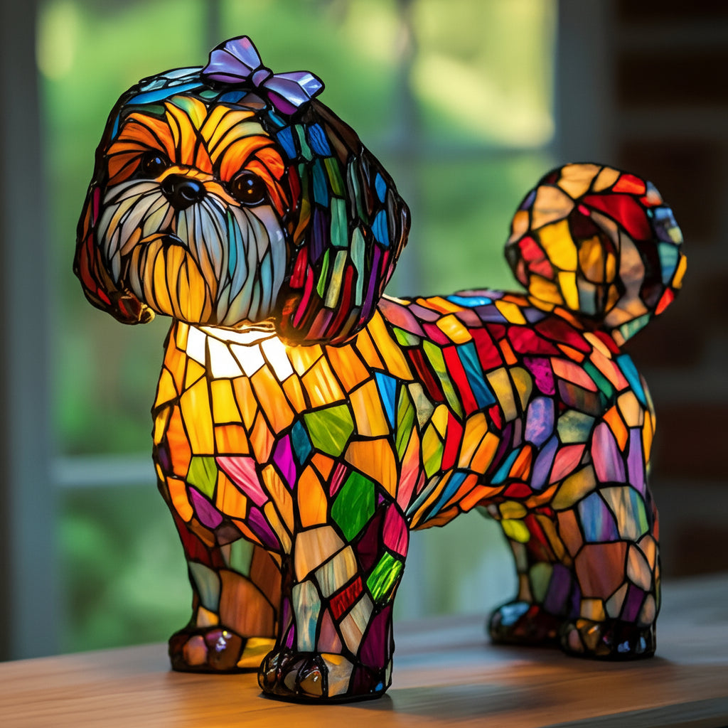 Table Lamp Stained Glass Dog Animal Light Bedroom Desk