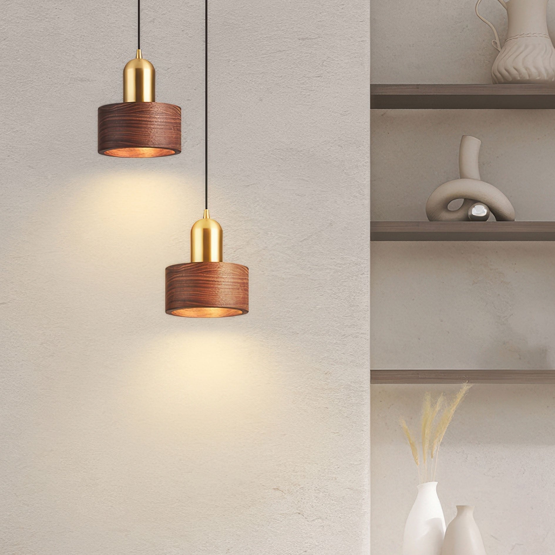 Cylinder Pendant Light | Japanese-Style Walnut & Brass Hanging Lamp