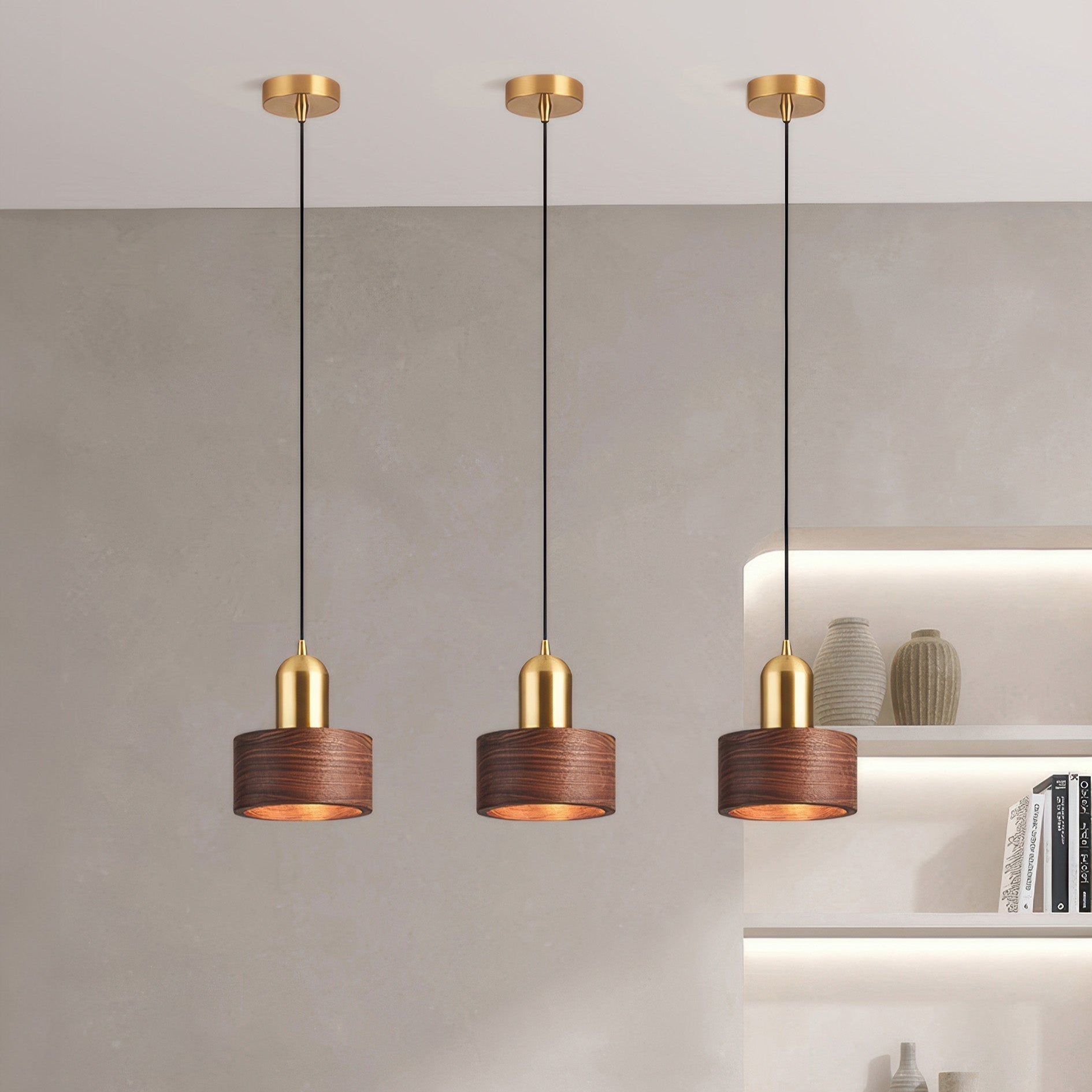 Cylinder Pendant Light | Japanese-Style Walnut & Brass Hanging Lamp