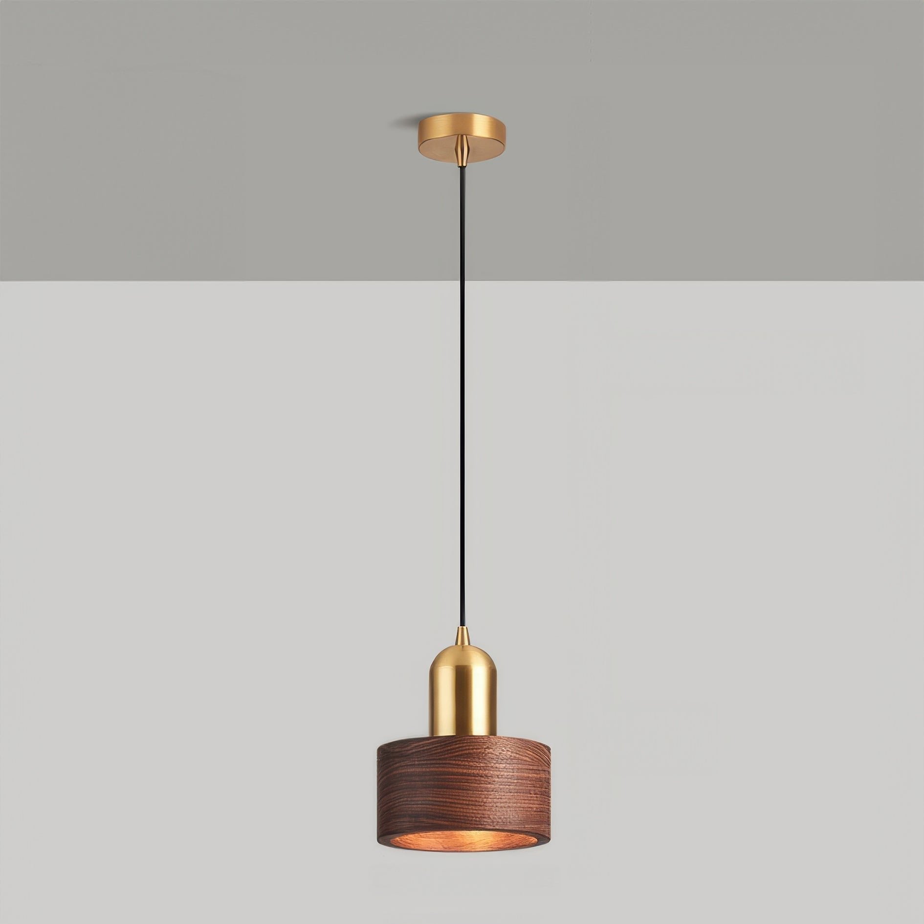 Cylinder Pendant Light | Japanese-Style Walnut & Brass Hanging Lamp