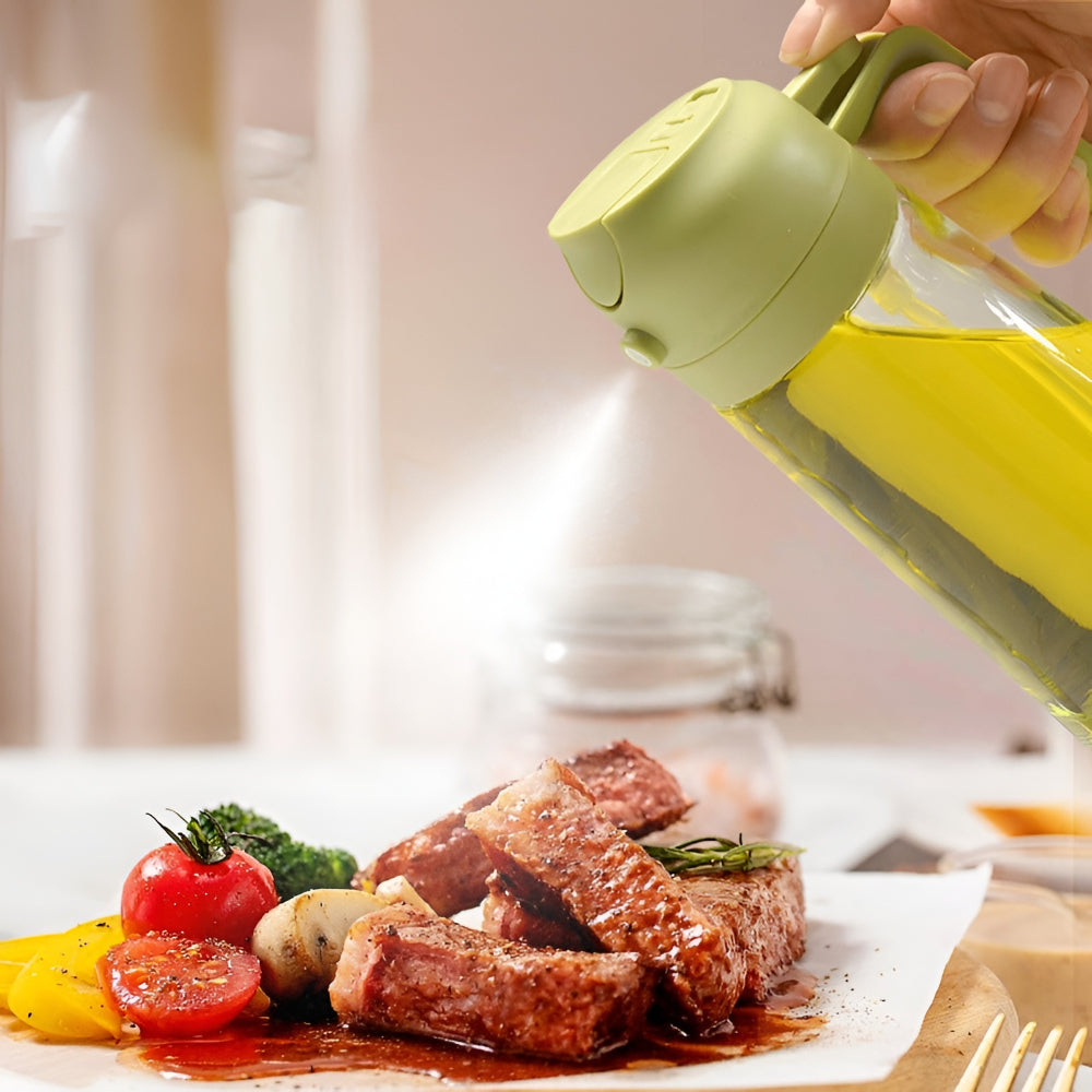Aceitera de vidrio con pulverizador recargable para cocina