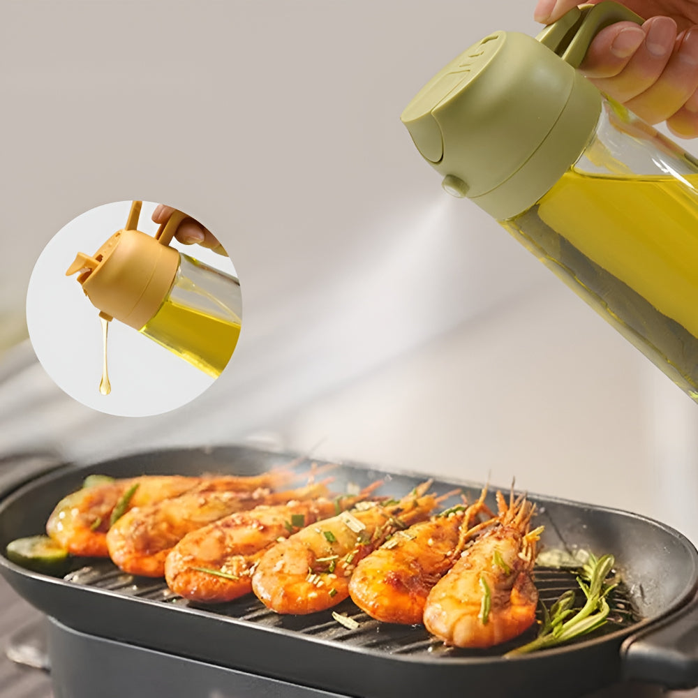 Aceitera de vidrio con pulverizador recargable para cocina