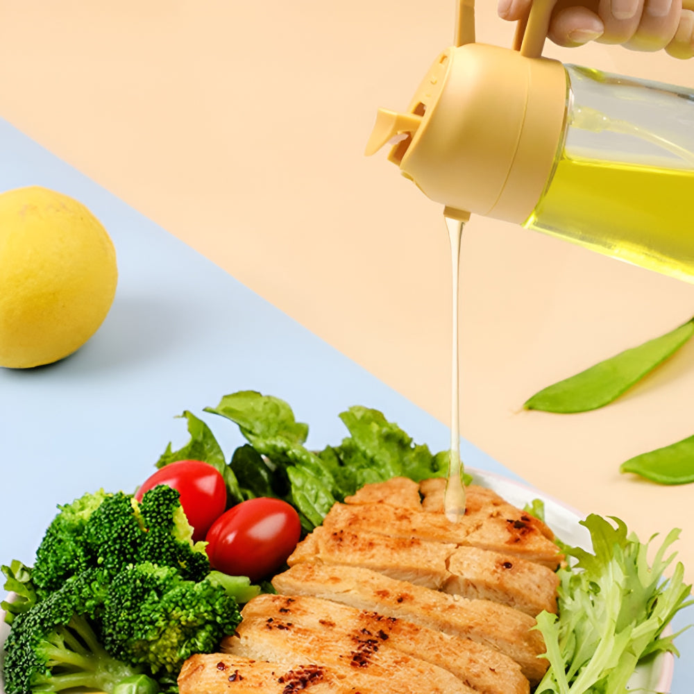Aceitera de vidrio con pulverizador recargable para cocina