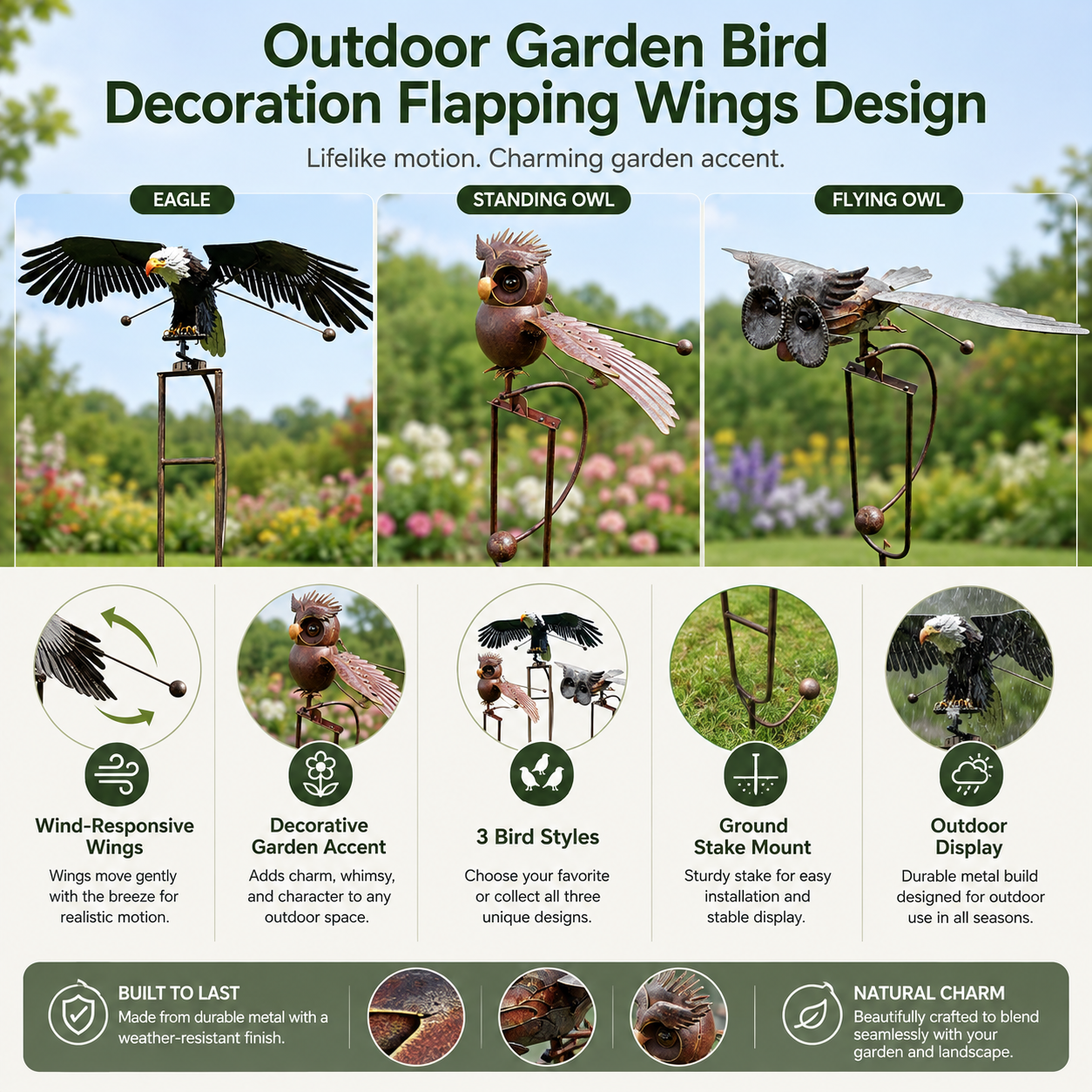 Outdoor Garden Bird Decoration Flapping Wings Design
