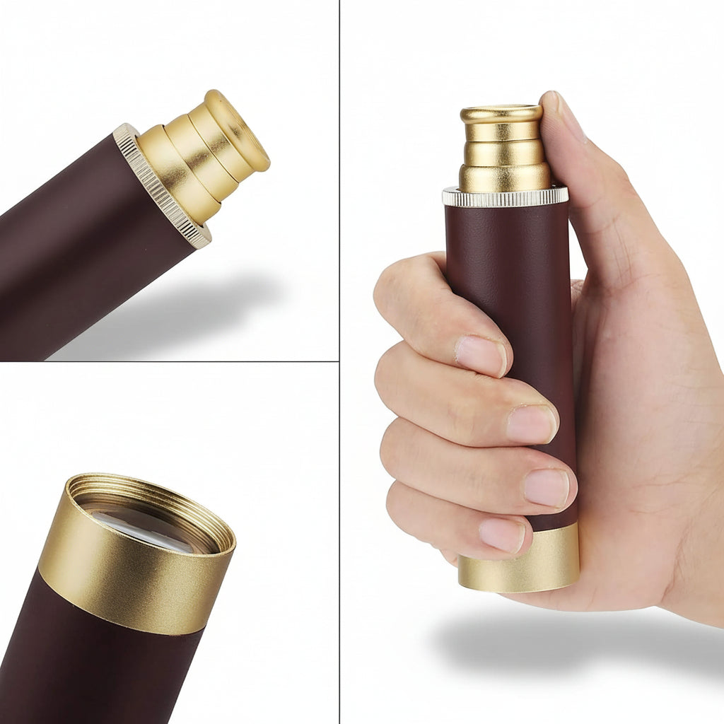 Monocular Telescope Compact Brass Leather Handheld Zoom Scope