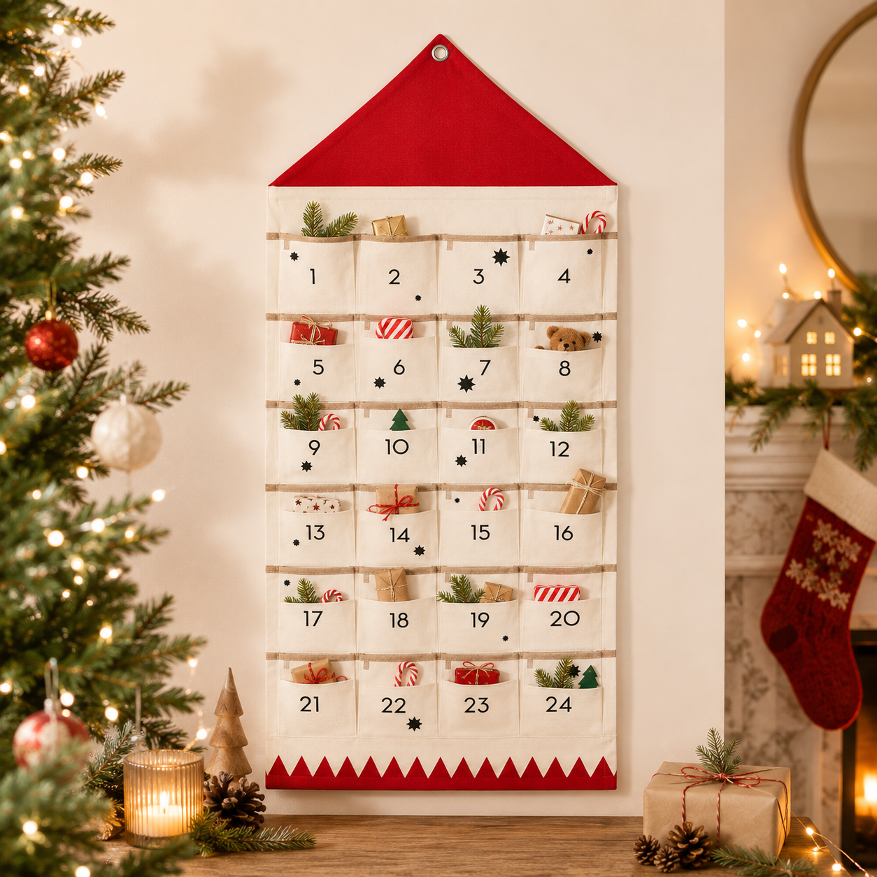 Personalisiertes Stoffdesign für einen Weihnachts-Countdown-Kalender