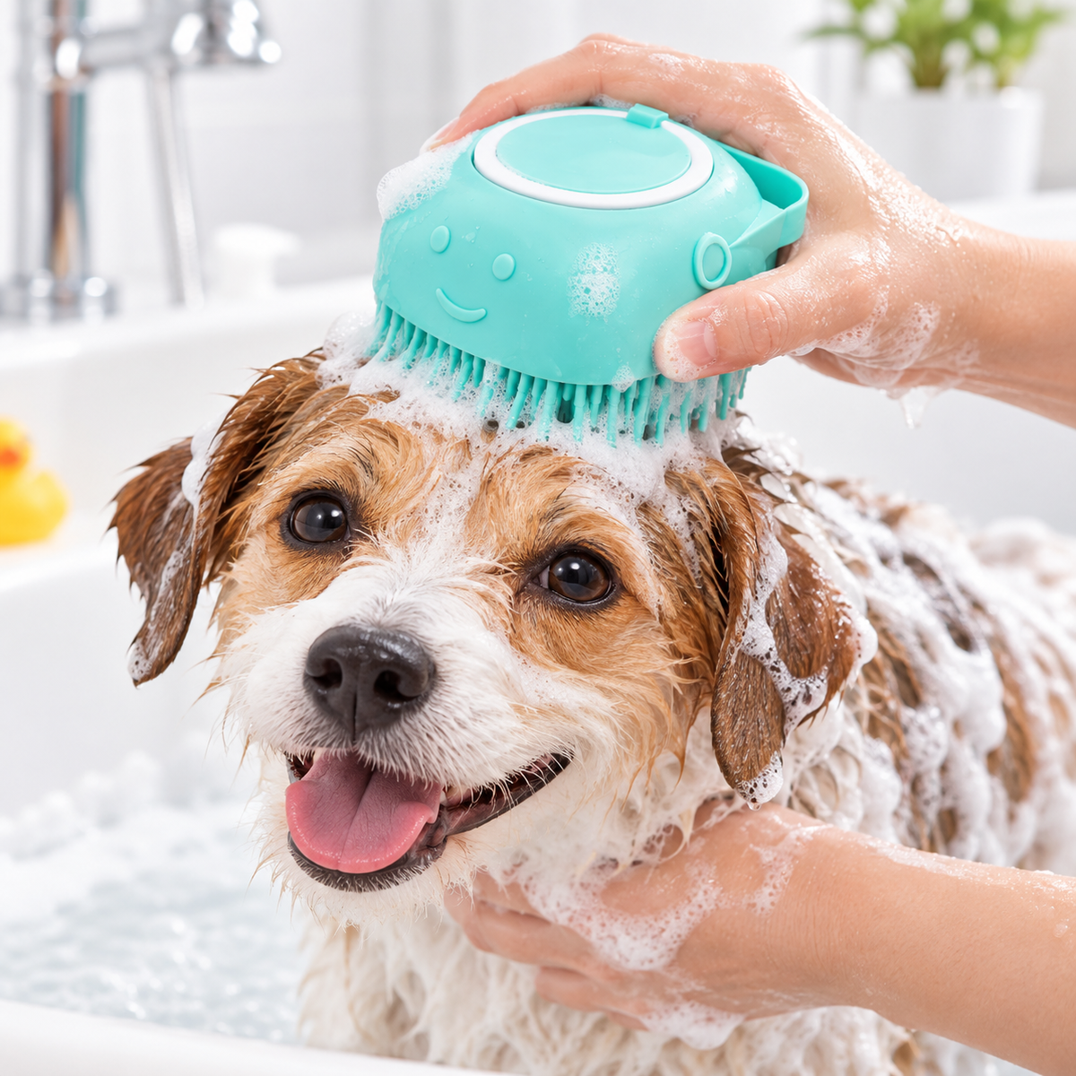 Komfortabel kæledyrsbørste med shampoo-dispenser