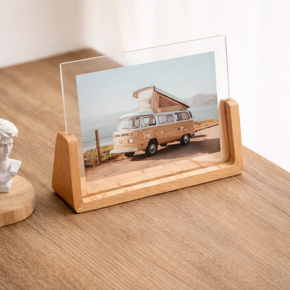 Photo Frame Acrylic Tabletop Display Solid Wood Stand
