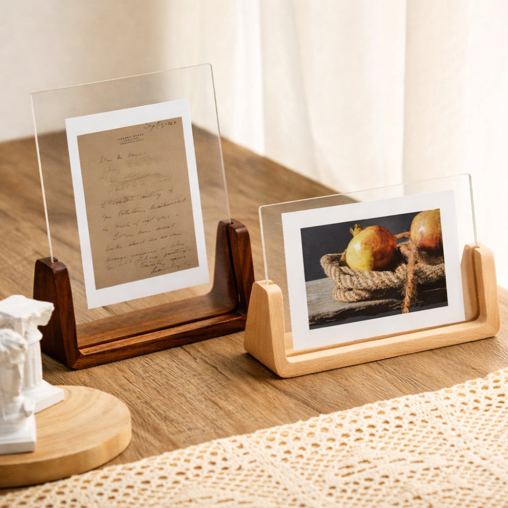Photo Frame Acrylic Tabletop Display Solid Wood Stand