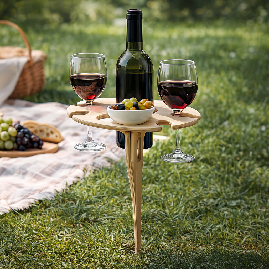 Soporte para vino de mesa de picnic con pincho para exterior y superficie para aperitivos
