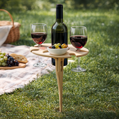 Soporte para vino de mesa de picnic con pincho para exterior y superficie para aperitivos